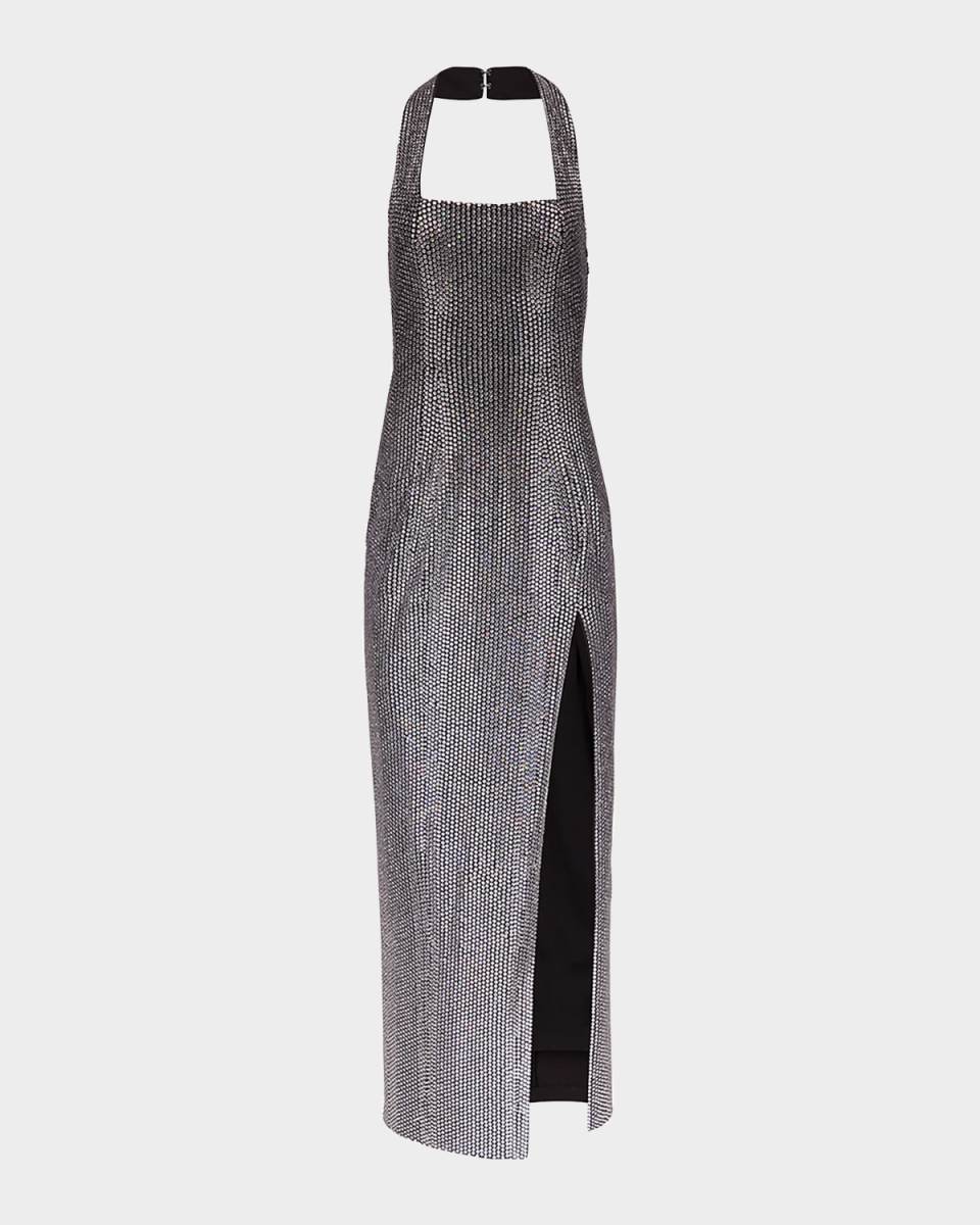 Crystal Embellished Halter Slit Gown